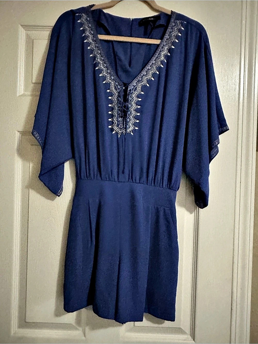 White House Black Market Blue Embroidered Kimono Sleeve Romper Blue Size 4